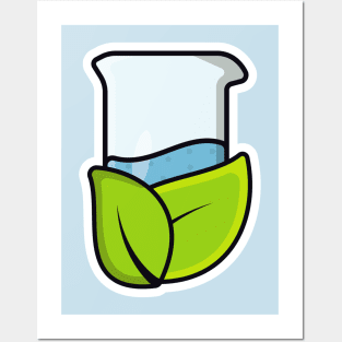 Beaker Glass Chemical Liquid with Green Leaves Sticker design vector illustration. Medical laboratory and Pharmacy objects icon concept. Chemical glass and green leaves sticker design icons logo. Posters and Art